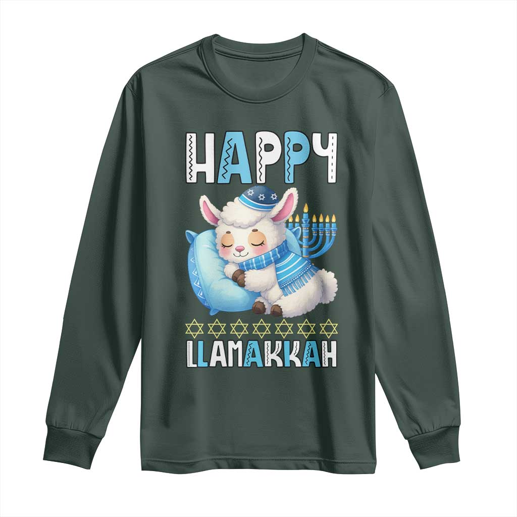 Funny Happy Llamakkah Long Sleeve Shirt Cute Llama Jewish Holiday Gift TS12 Dark Forest Green Print Your Wear