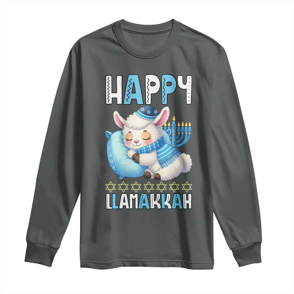 Funny Happy Llamakkah Long Sleeve Shirt Cute Llama Jewish Holiday Gift TS12 Dark Heather Print Your Wear