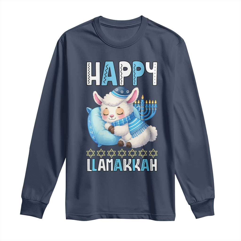 Funny Happy Llamakkah Long Sleeve Shirt Cute Llama Jewish Holiday Gift TS12 Navy Print Your Wear