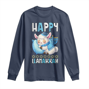 Funny Happy Llamakkah Long Sleeve Shirt Cute Llama Jewish Holiday Gift TS12 Navy Print Your Wear