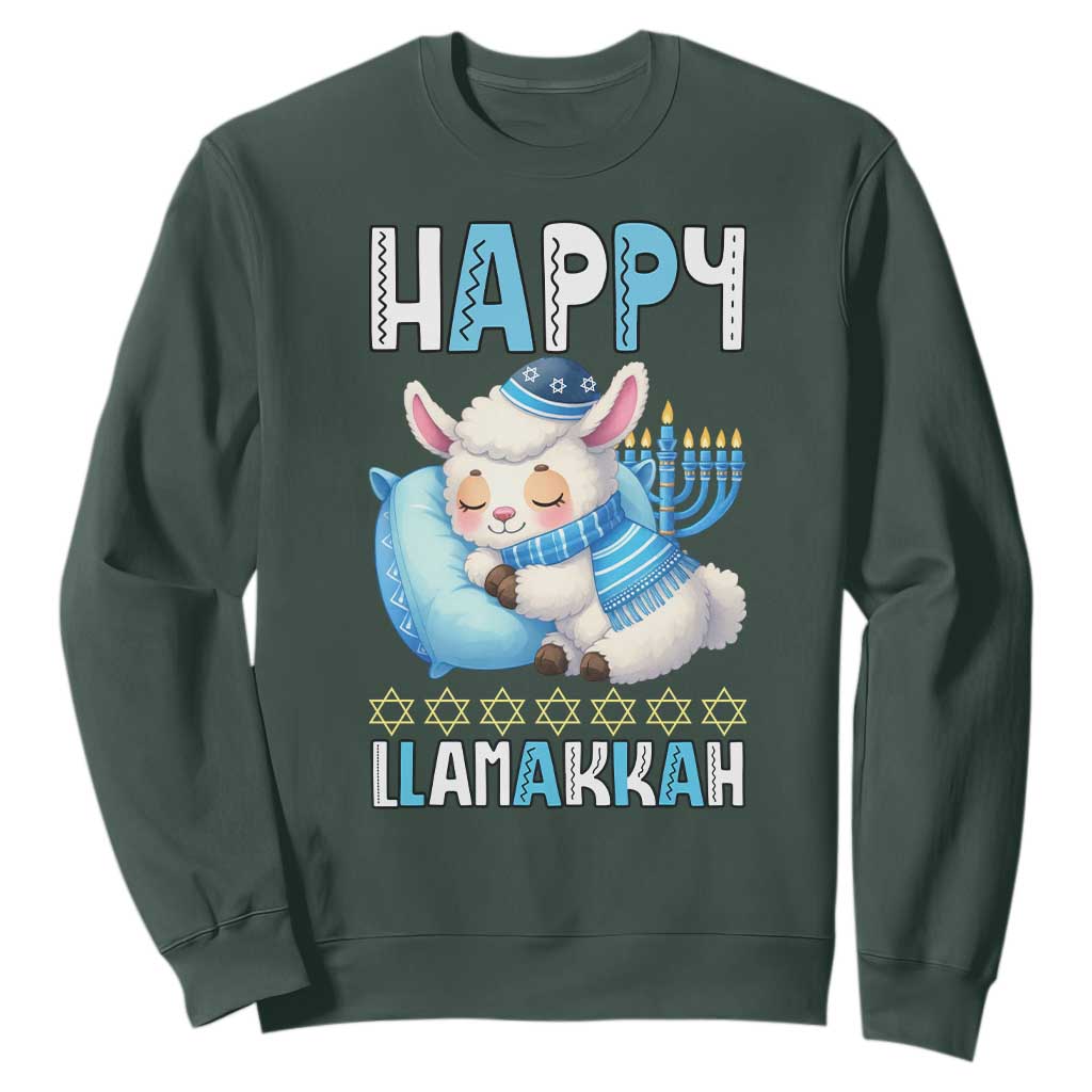 Funny Happy Llamakkah Sweatshirt Cute Llama Jewish Holiday Gift TS12 Dark Forest Green Print Your Wear