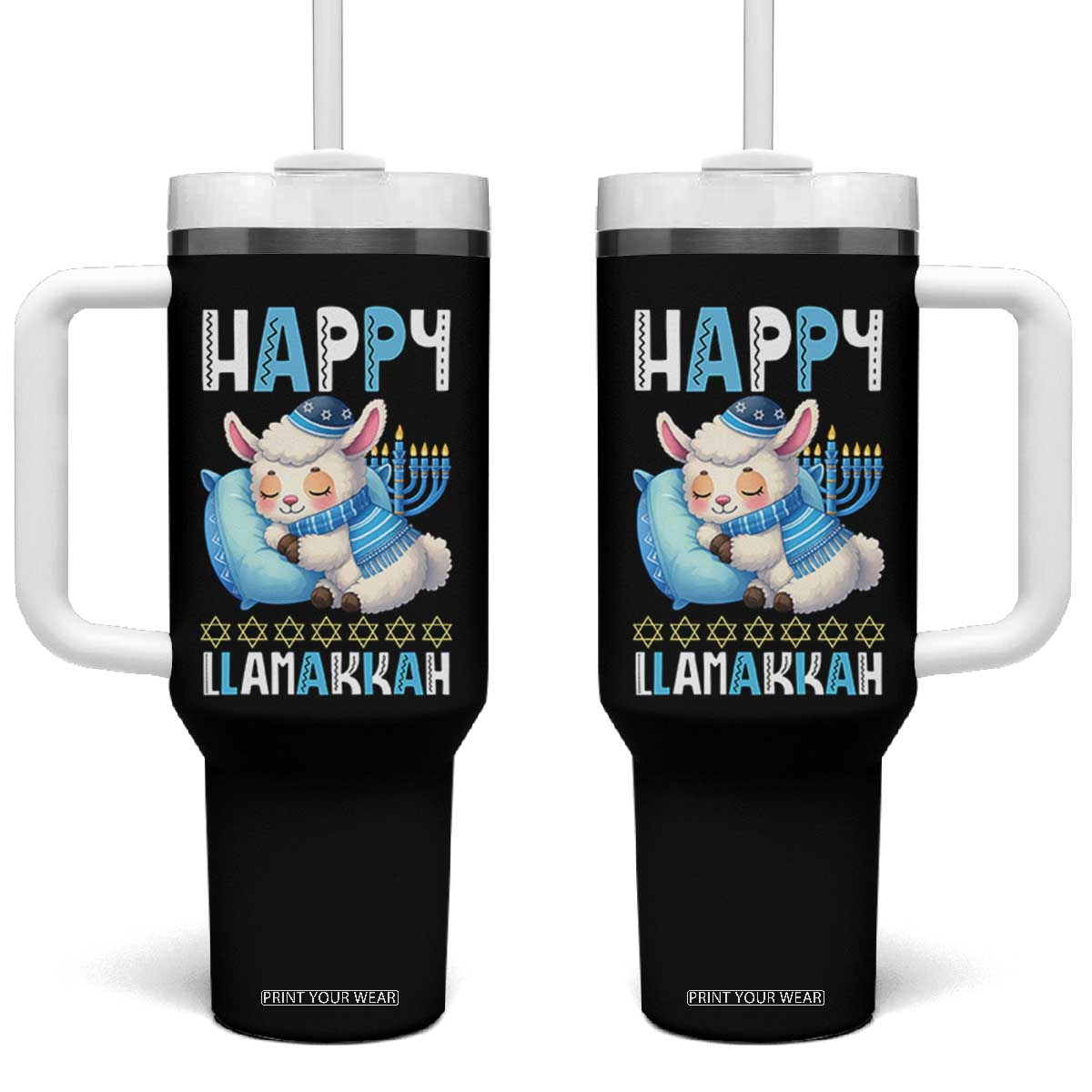 Funny Happy Llamakkah Tumbler With Handle Cute Llama Jewish Holiday Gift TS12 One Size: 40 oz Black Print Your Wear