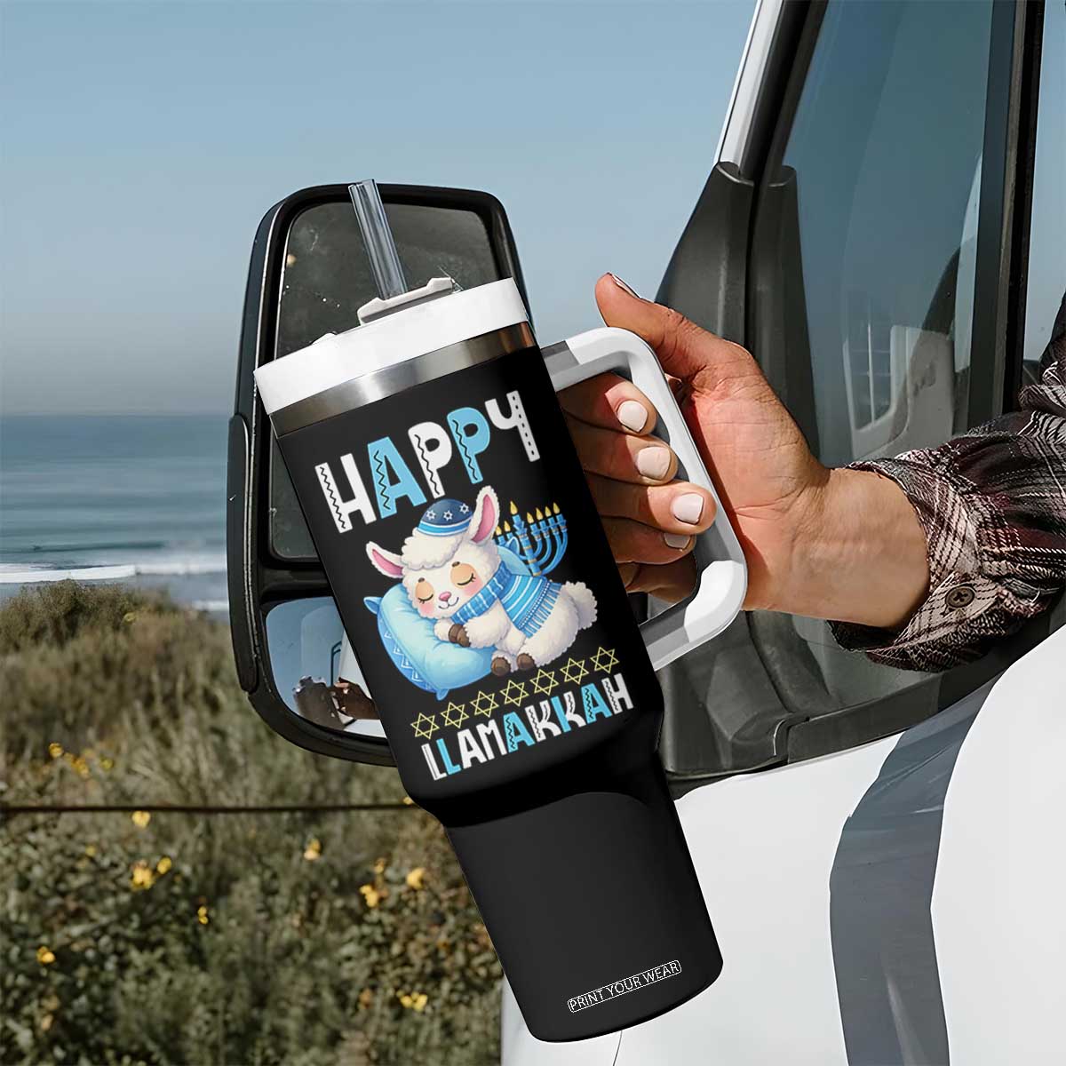 Funny Happy Llamakkah Tumbler With Handle Cute Llama Jewish Holiday Gift TS12 Print Your Wear