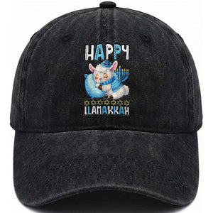 Funny Happy Llamakkah Washed Cotton Baseball Cap Cute Llama Jewish Holiday Gift TS12 Print Your Wear