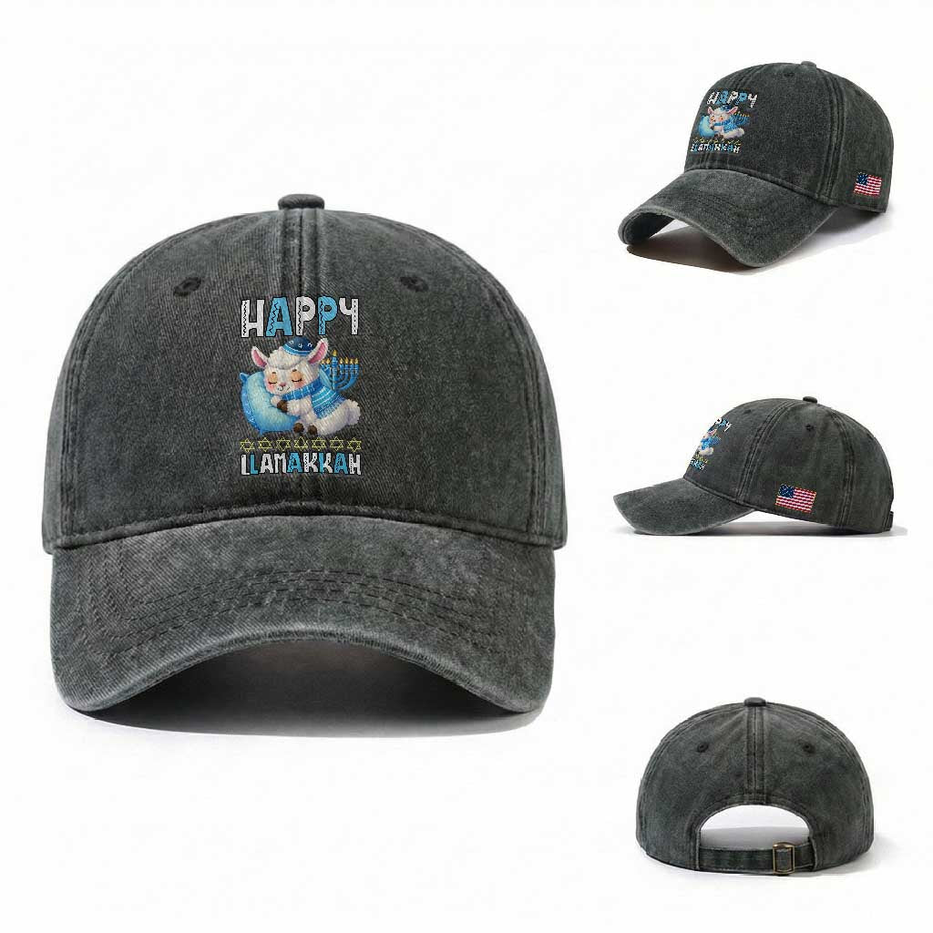 Funny Happy Llamakkah Washed Cotton Baseball Cap Cute Llama Jewish Holiday Gift TS12 Washed Cap Universal Fit Dark Green Print Your Wear