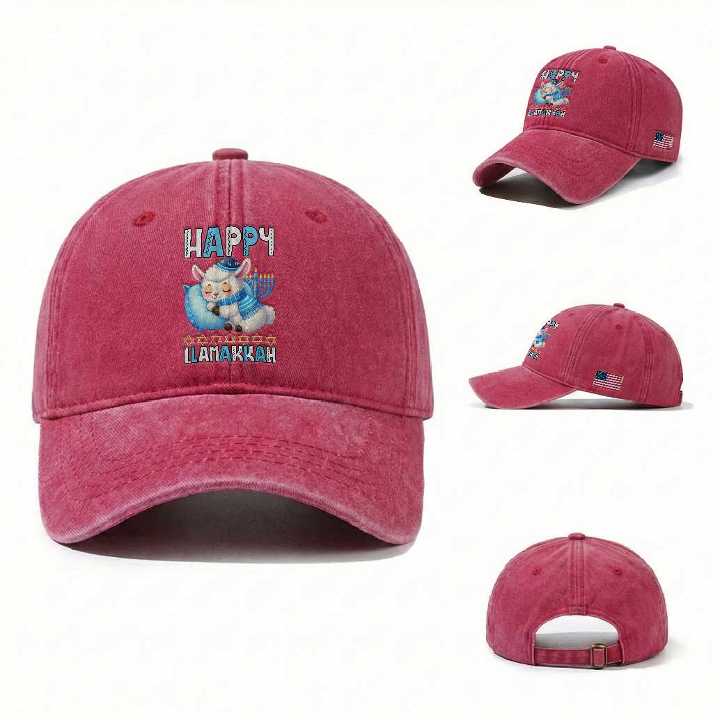 Funny Happy Llamakkah Washed Cotton Baseball Cap Cute Llama Jewish Holiday Gift TS12 Washed Cap Universal Fit Red Print Your Wear
