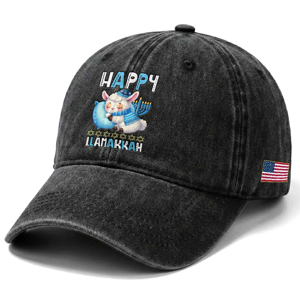 Funny Happy Llamakkah Washed Cotton Baseball Cap Cute Llama Jewish Holiday Gift TS12 Print Your Wear
