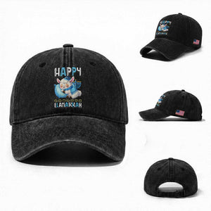 Funny Happy Llamakkah Washed Cotton Baseball Cap Cute Llama Jewish Holiday Gift TS12 Washed Cap Universal Fit Black Print Your Wear