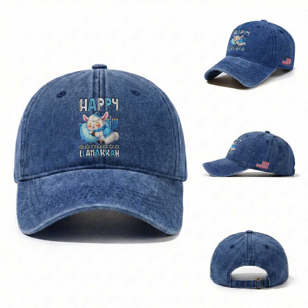 Funny Happy Llamakkah Washed Cotton Baseball Cap Cute Llama Jewish Holiday Gift TS12 Washed Cap Universal Fit Royal Blue Print Your Wear
