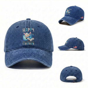 Funny Happy Llamakkah Washed Cotton Baseball Cap Cute Llama Jewish Holiday Gift TS12 Washed Cap Universal Fit Royal Blue Print Your Wear