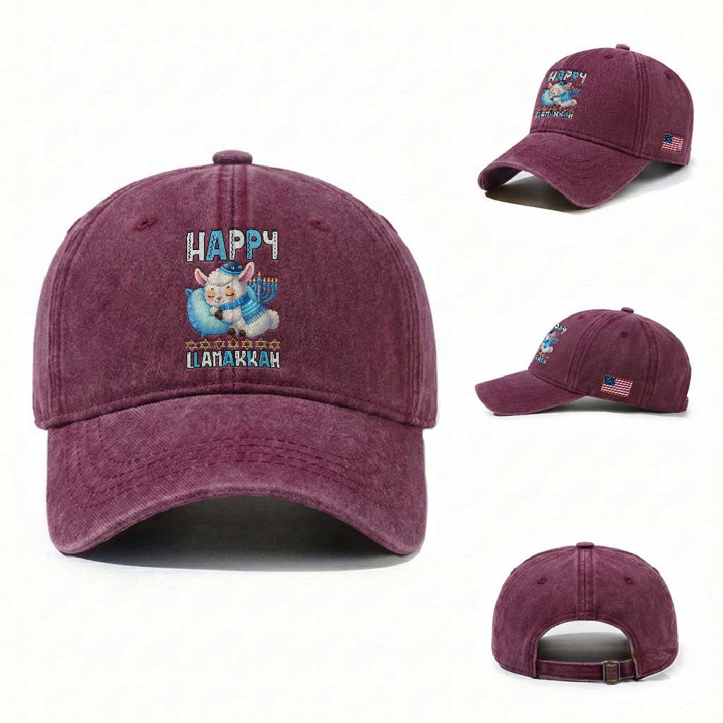 Funny Happy Llamakkah Washed Cotton Baseball Cap Cute Llama Jewish Holiday Gift TS12 Washed Cap Universal Fit Burgundy Print Your Wear