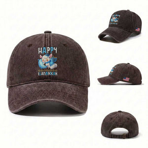 Funny Happy Llamakkah Washed Cotton Baseball Cap Cute Llama Jewish Holiday Gift TS12 Washed Cap Universal Fit Dark Brown Print Your Wear