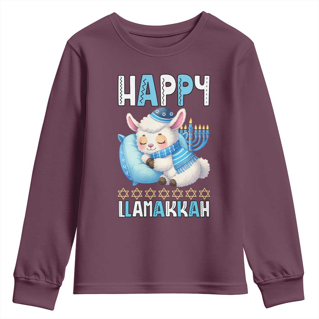 Funny Happy Llamakkah Youth Sweatshirt Cute Llama Jewish Holiday Gift TS12 Maroon Print Your Wear