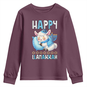 Funny Happy Llamakkah Youth Sweatshirt Cute Llama Jewish Holiday Gift TS12 Maroon Print Your Wear