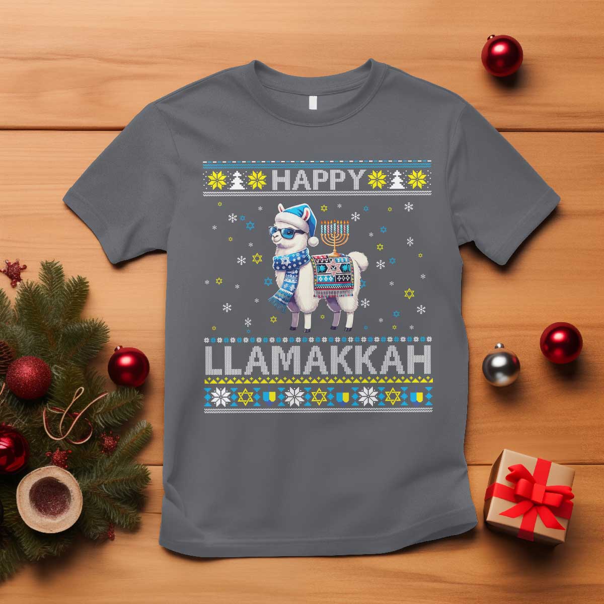 Happy LLamakkah T Shirt Funny Llama Ugly Hanukkah Christmas Gift TS12 Charcoal Print Your Wear