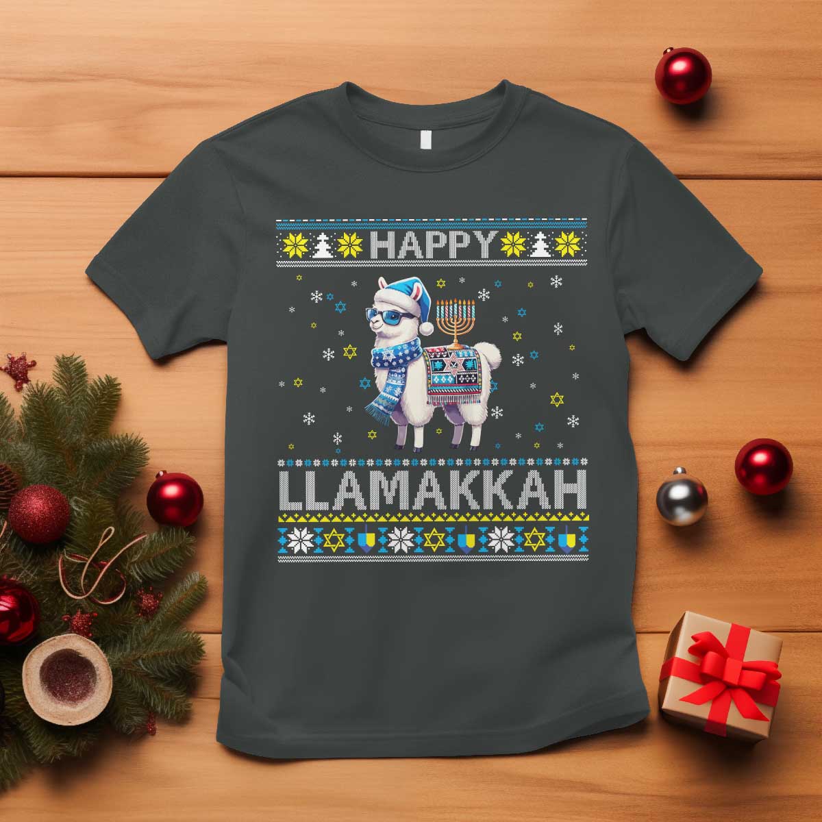 Happy LLamakkah T Shirt Funny Llama Ugly Hanukkah Christmas Gift TS12 Dark Heather Print Your Wear