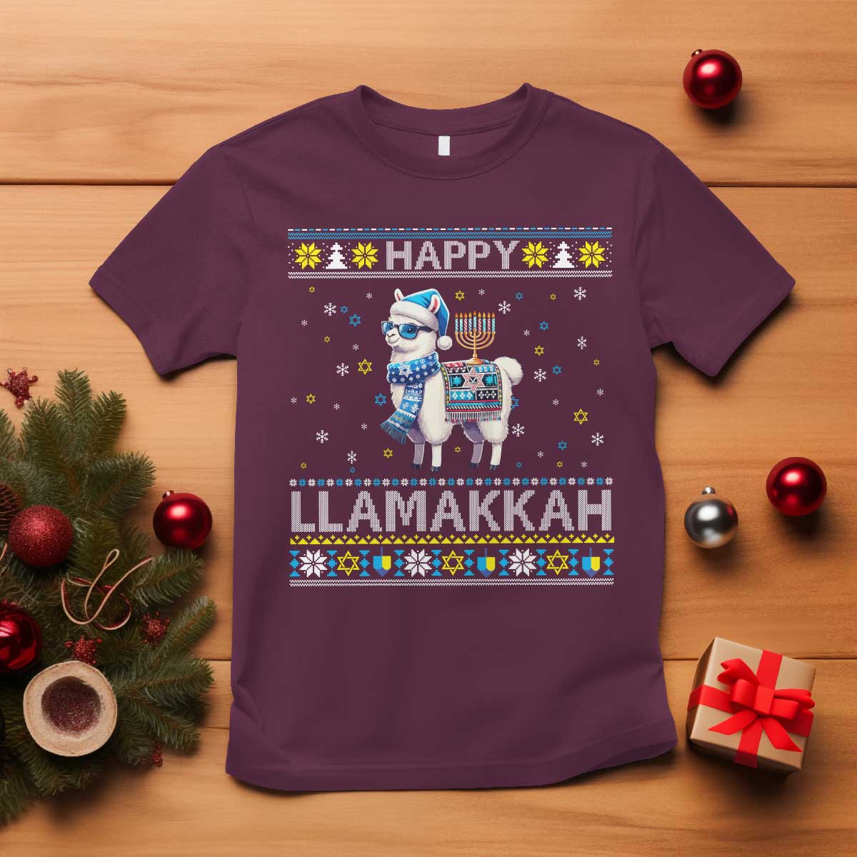 Happy LLamakkah T Shirt Funny Llama Ugly Hanukkah Christmas Gift TS12 Maroon Print Your Wear
