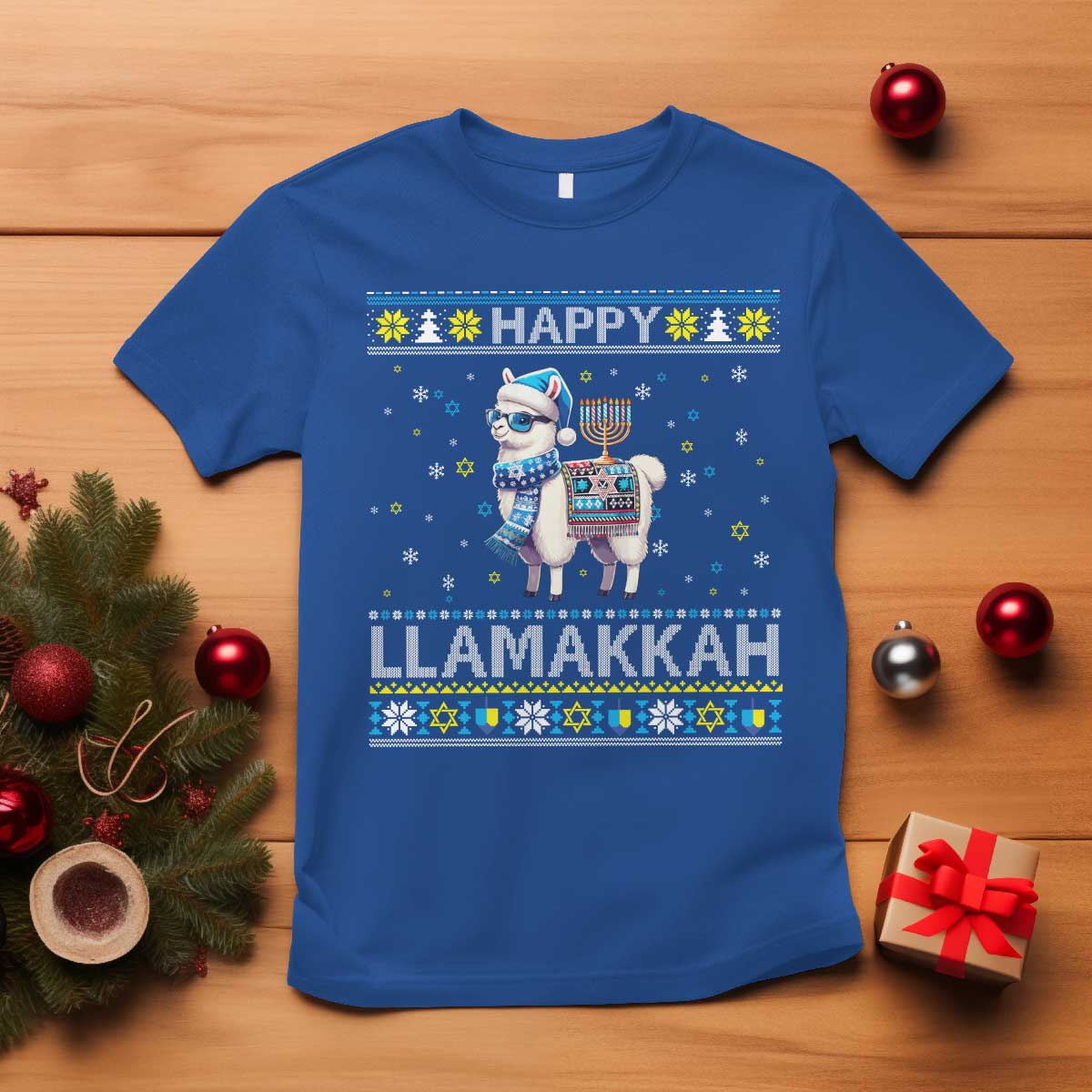 Happy LLamakkah T Shirt Funny Llama Ugly Hanukkah Christmas Gift TS12 Royal Blue Print Your Wear