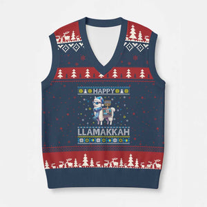 Happy LLamakkah V-Neck Knit Sweater Vest Funny Llama Ugly Hanukkah Xmas Gift TS12 Navy Red Print Your Wear