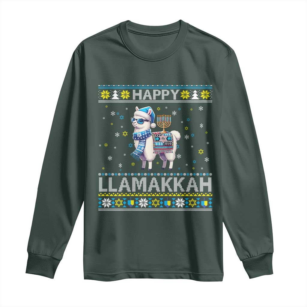 Happy LLamakkah Long Sleeve Shirt Funny Llama Ugly Hanukkah Christmas Gift TS12 Dark Forest Green Print Your Wear