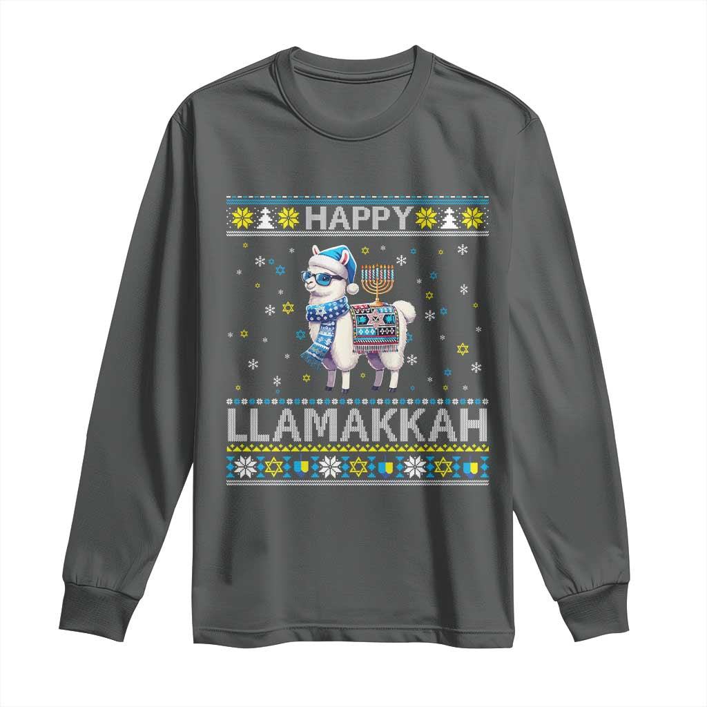 Happy LLamakkah Long Sleeve Shirt Funny Llama Ugly Hanukkah Christmas Gift TS12 Dark Heather Print Your Wear