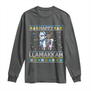 Happy LLamakkah Long Sleeve Shirt Funny Llama Ugly Hanukkah Christmas Gift TS12 Dark Heather Print Your Wear