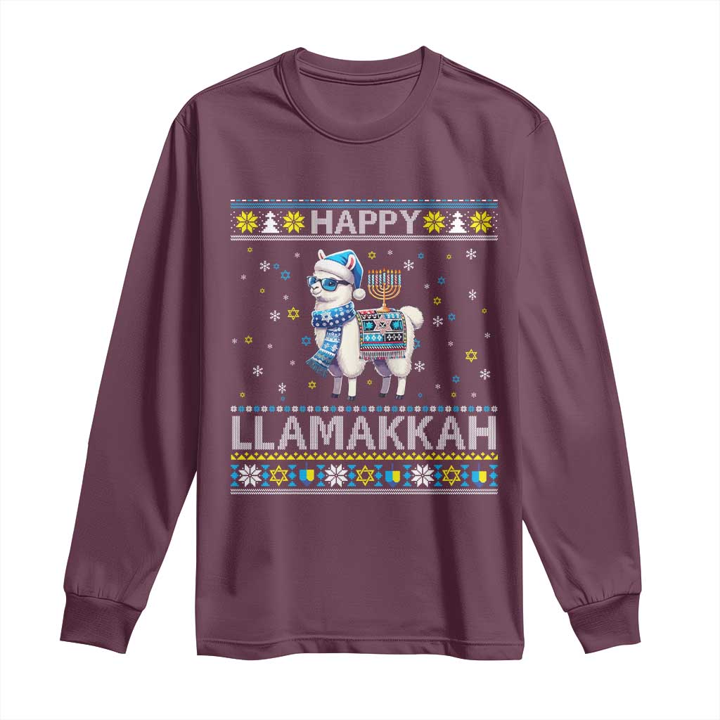 Happy LLamakkah Long Sleeve Shirt Funny Llama Ugly Hanukkah Christmas Gift TS12 Maroon Print Your Wear