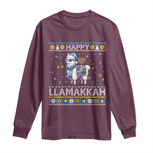 Happy LLamakkah Long Sleeve Shirt Funny Llama Ugly Hanukkah Christmas Gift TS12 Maroon Print Your Wear