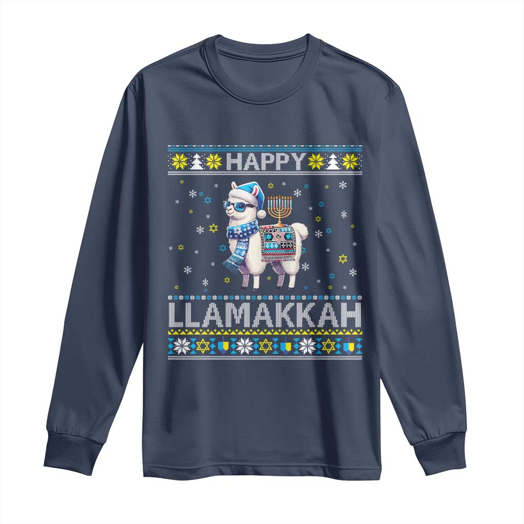 Happy LLamakkah Long Sleeve Shirt Funny Llama Ugly Hanukkah Christmas Gift TS12 Navy Print Your Wear