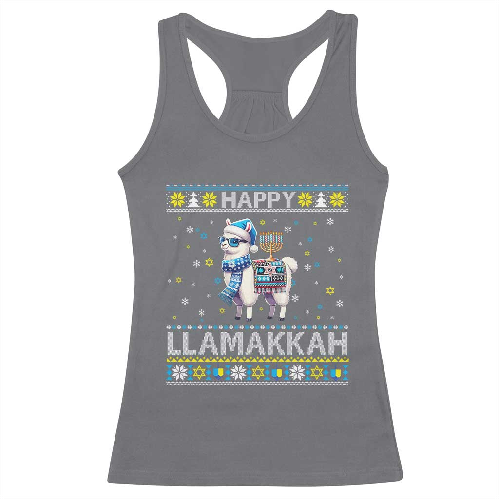 Happy LLamakkah Racerback Tank Top Funny Llama Ugly Hanukkah Christmas Gift TS12 Charcoal Print Your Wear