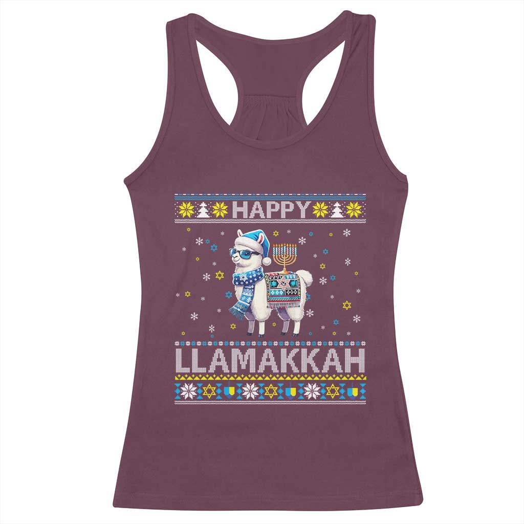 Happy LLamakkah Racerback Tank Top Funny Llama Ugly Hanukkah Christmas Gift TS12 Maroon Print Your Wear