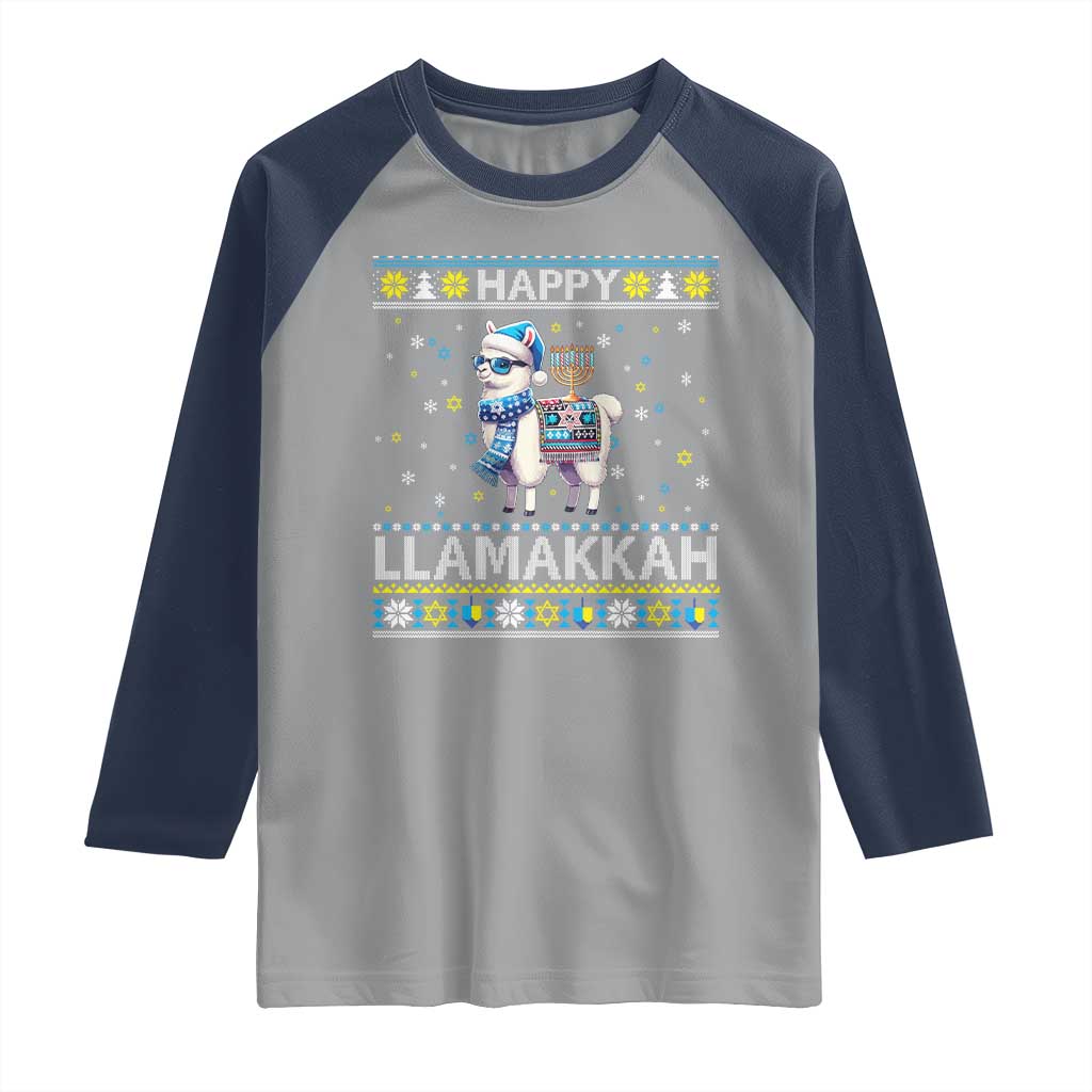 Happy LLamakkah Raglan Shirt Funny Llama Ugly Hanukkah Christmas Gift TS12 Sport Gray Navy Print Your Wear