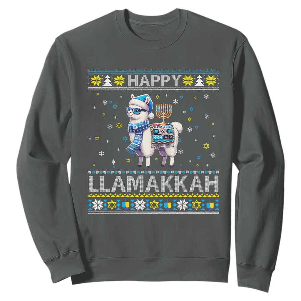 Happy LLamakkah Sweatshirt Funny Llama Ugly Hanukkah Christmas Gift TS12 Dark Heather Print Your Wear
