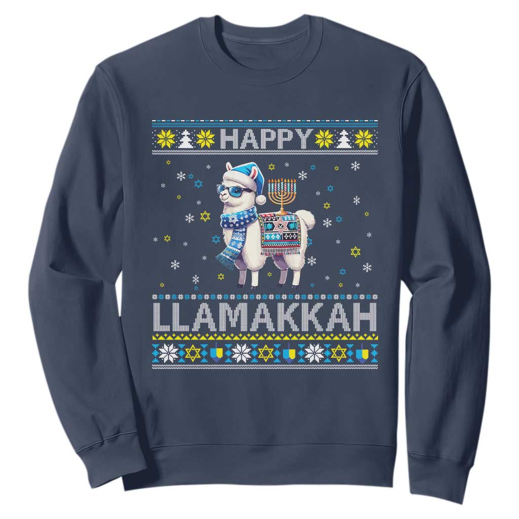 Happy LLamakkah Sweatshirt Funny Llama Ugly Hanukkah Christmas Gift TS12 Navy Print Your Wear