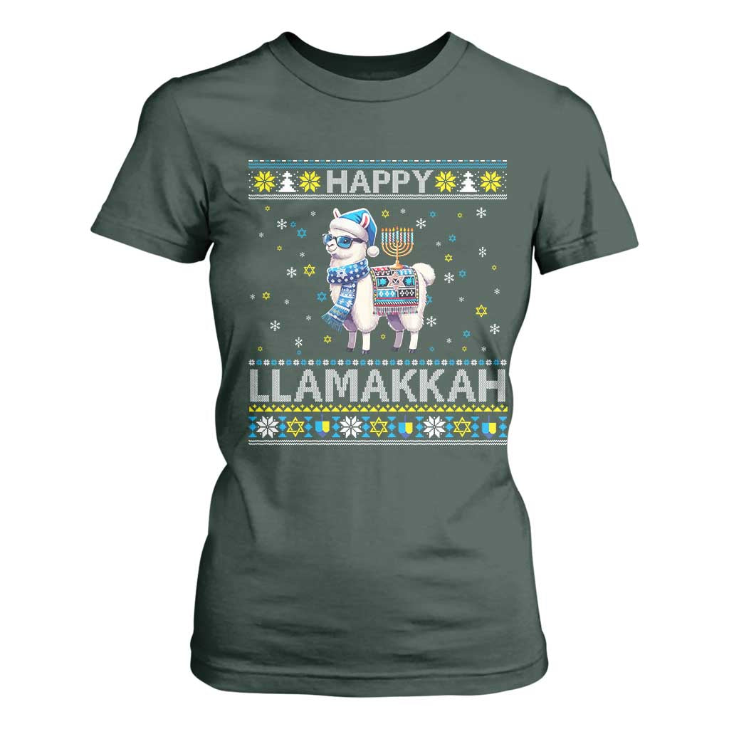 Happy LLamakkah T Shirt For Women Funny Llama Ugly Hanukkah Christmas Gift TS12 Dark Forest Green Print Your Wear