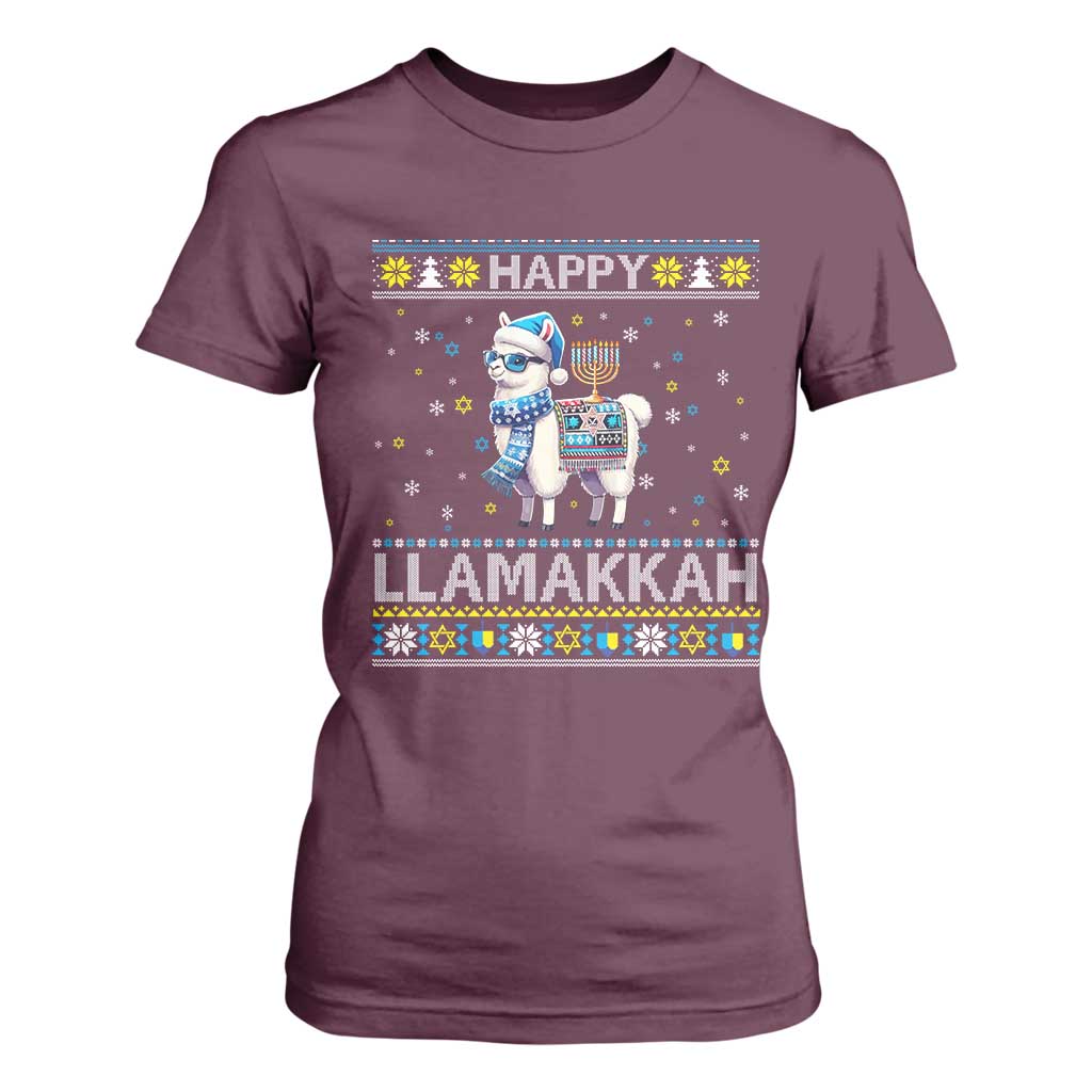 Happy LLamakkah T Shirt For Women Funny Llama Ugly Hanukkah Christmas Gift TS12 Maroon Print Your Wear