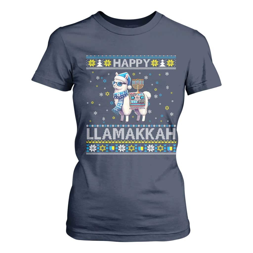 Happy LLamakkah T Shirt For Women Funny Llama Ugly Hanukkah Christmas Gift TS12 Navy Print Your Wear