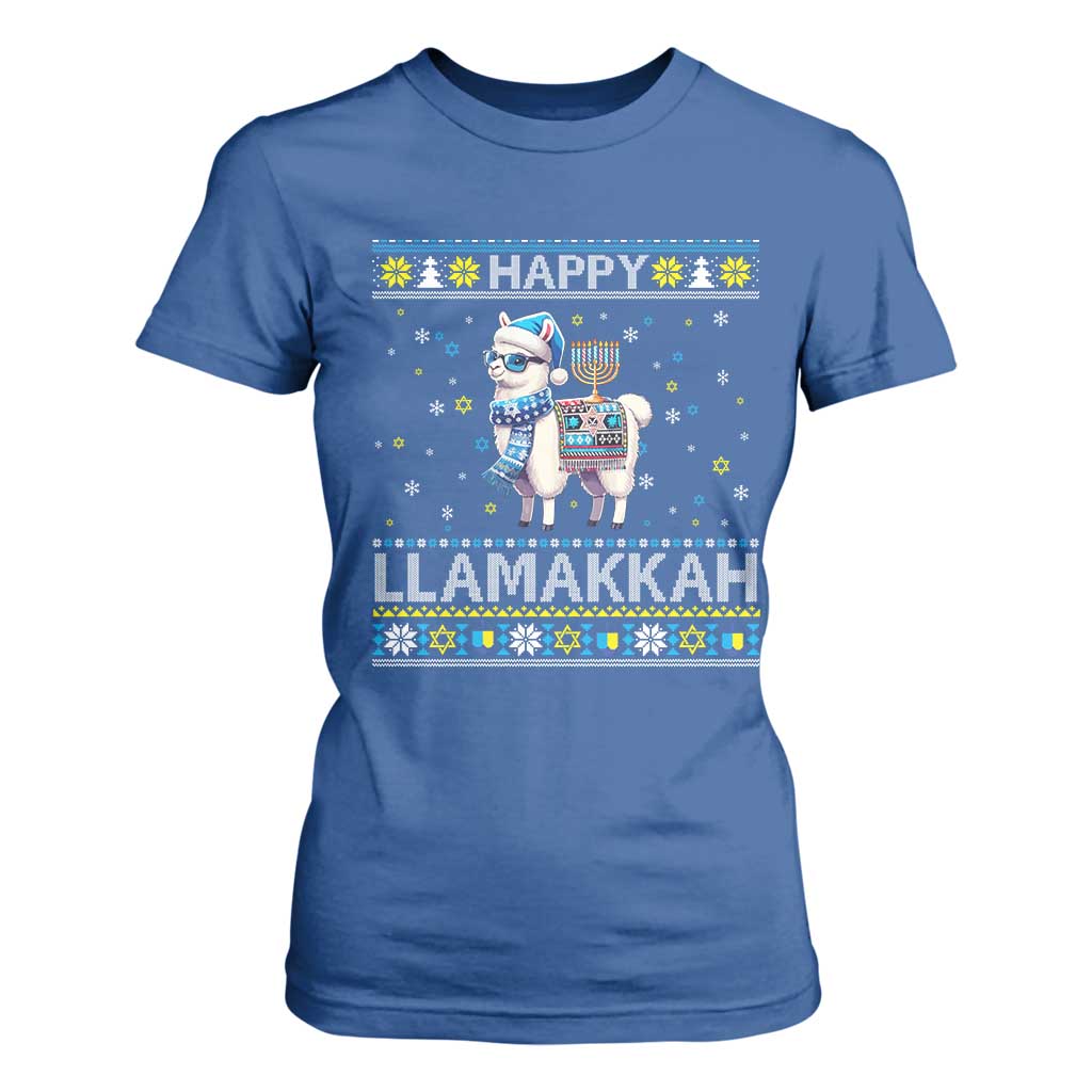 Happy LLamakkah T Shirt For Women Funny Llama Ugly Hanukkah Christmas Gift TS12 Royal Blue Print Your Wear