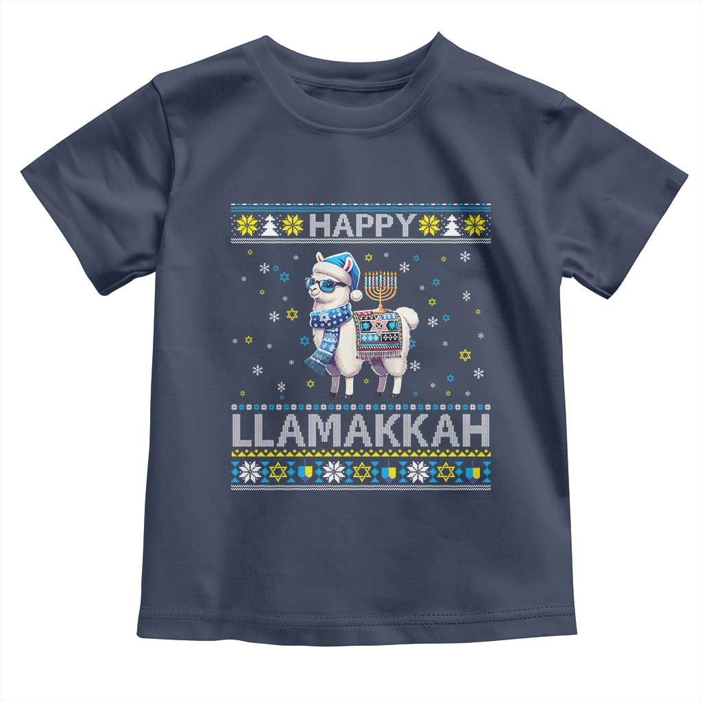 Happy LLamakkah Toddler T Shirt Funny Llama Ugly Hanukkah Christmas Gift TS12 Navy Print Your Wear