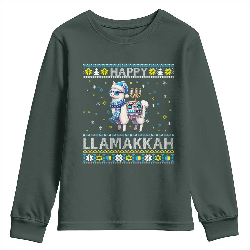 Happy LLamakkah Youth Sweatshirt Funny Llama Ugly Hanukkah Christmas Gift TS12 Dark Forest Green Print Your Wear