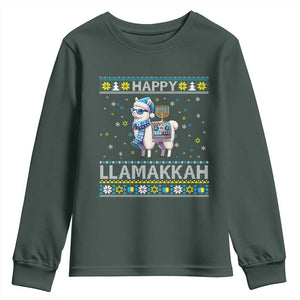 Happy LLamakkah Youth Sweatshirt Funny Llama Ugly Hanukkah Christmas Gift TS12 Dark Forest Green Print Your Wear