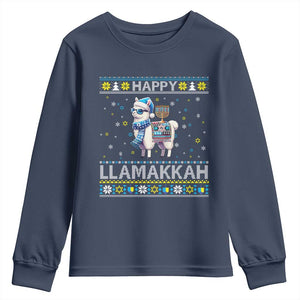 Happy LLamakkah Youth Sweatshirt Funny Llama Ugly Hanukkah Christmas Gift TS12 Navy Print Your Wear