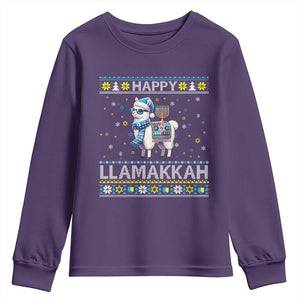 Happy LLamakkah Youth Sweatshirt Funny Llama Ugly Hanukkah Christmas Gift TS12 Purple Print Your Wear