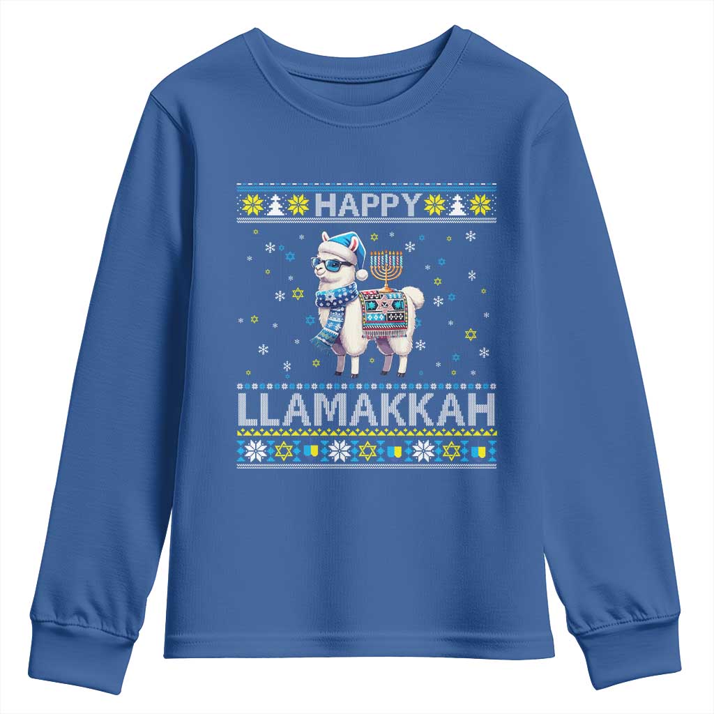 Happy LLamakkah Youth Sweatshirt Funny Llama Ugly Hanukkah Christmas Gift TS12 Royal Blue Print Your Wear