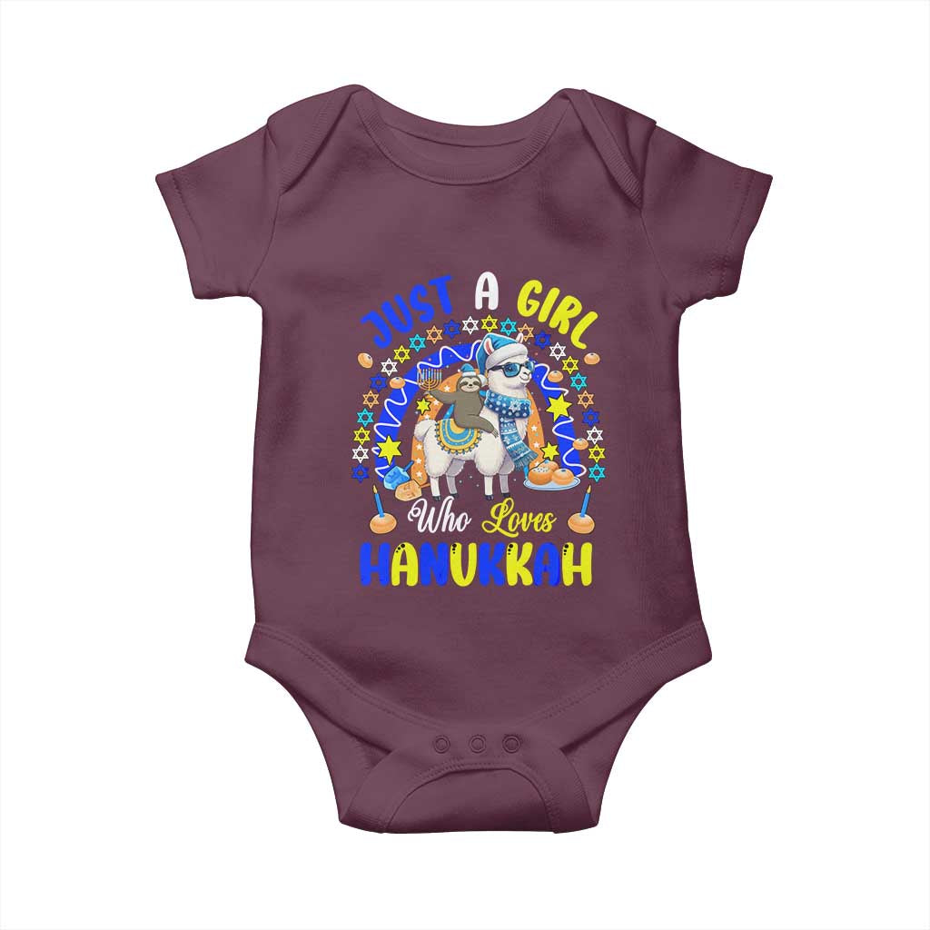 A Girl Loves Hanukkah Baby Onesie Funny Sloth On Llama Jewish Holiday Gift TS12 Maroon Print Your Wear