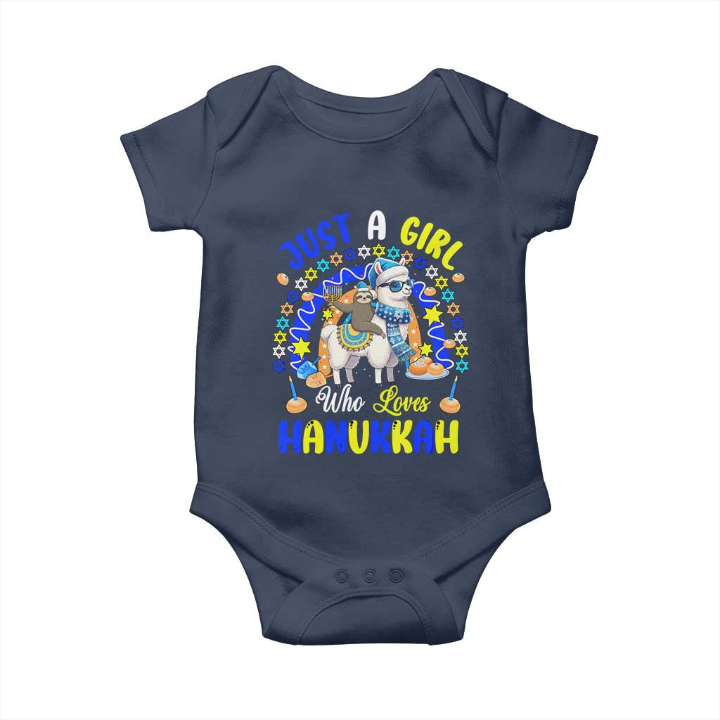 A Girl Loves Hanukkah Baby Onesie Funny Sloth On Llama Jewish Holiday Gift TS12 Navy Print Your Wear
