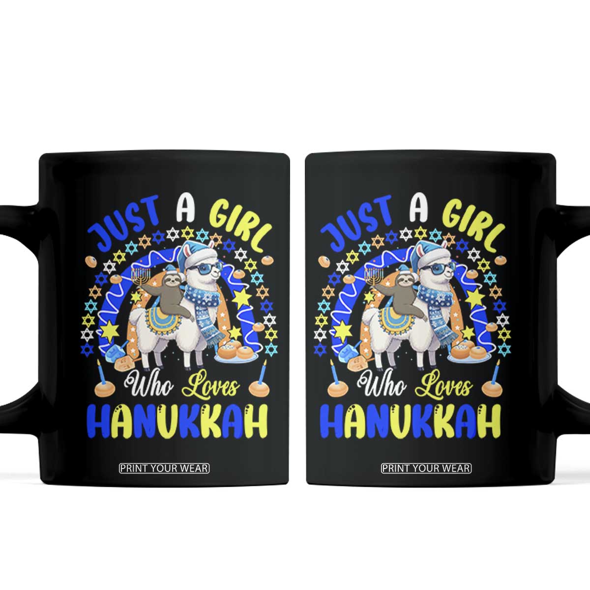 A Girl Loves Hanukkah Coffee Mug Funny Sloth On Llama Jewish Holiday Gift TS12 Black Print Your Wear