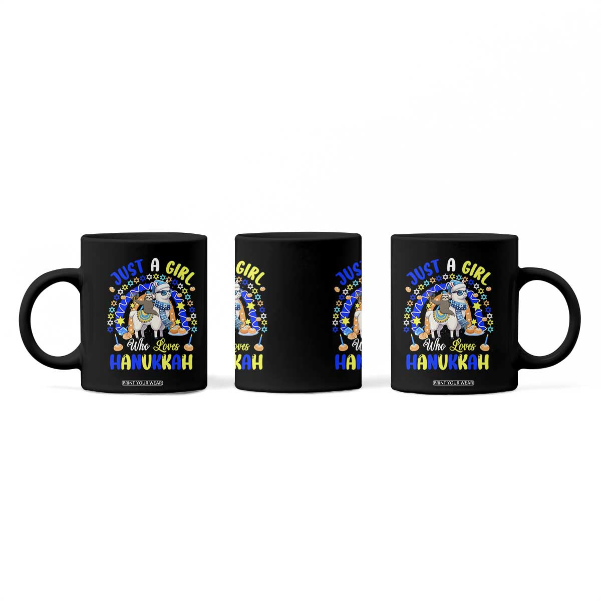 A Girl Loves Hanukkah Coffee Mug Funny Sloth On Llama Jewish Holiday Gift TS12 Print Your Wear