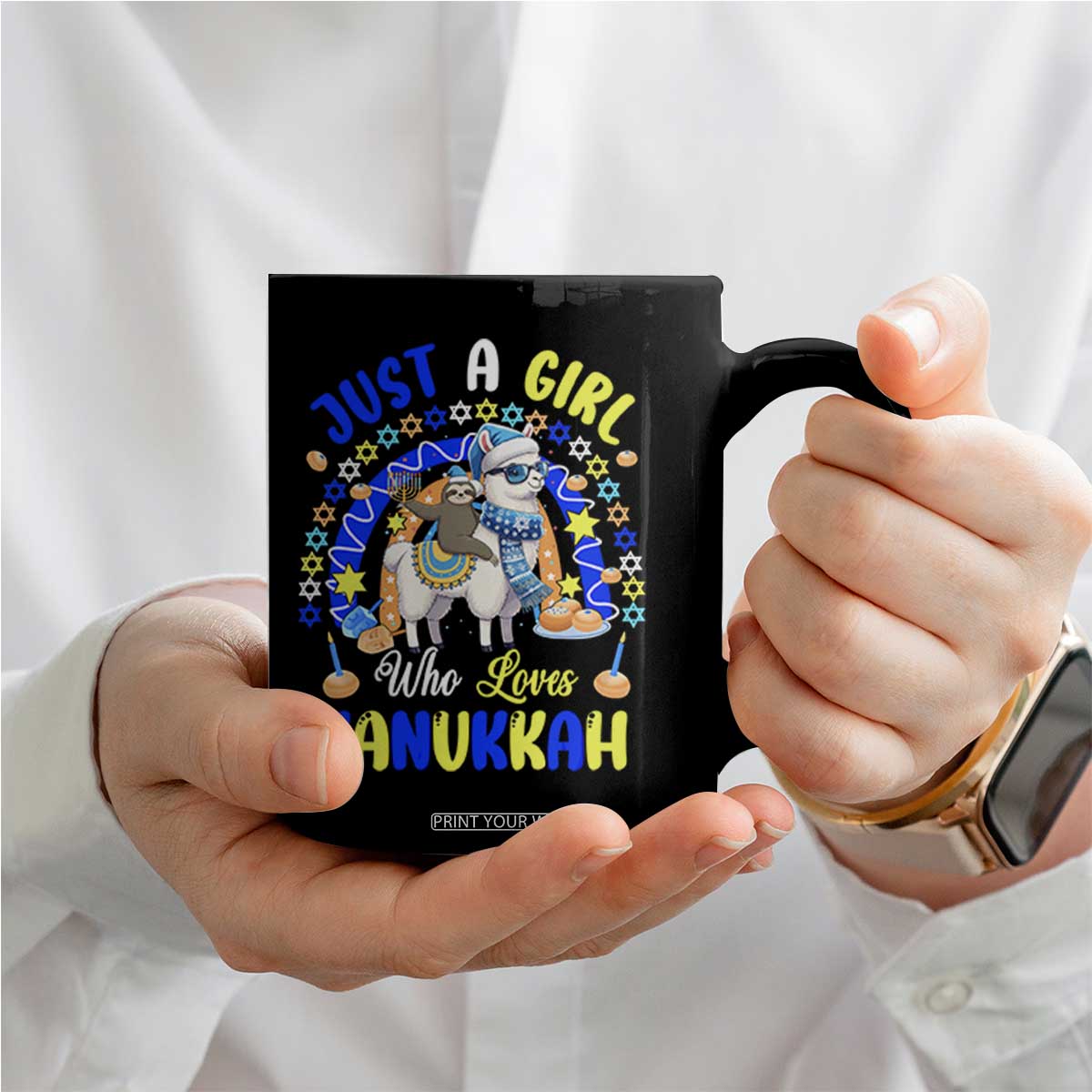 A Girl Loves Hanukkah Coffee Mug Funny Sloth On Llama Jewish Holiday Gift TS12 Print Your Wear