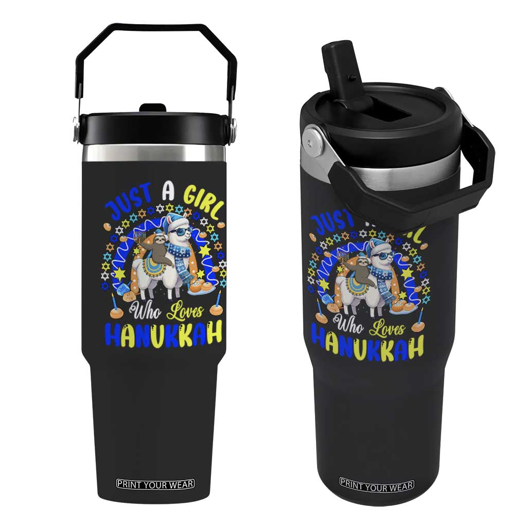 A Girl Loves Hanukkah Flip Straw Tumbler Funny Sloth On Llama Jewish Holiday Gift TS12 One Size: 30 oz Black Print Your Wear